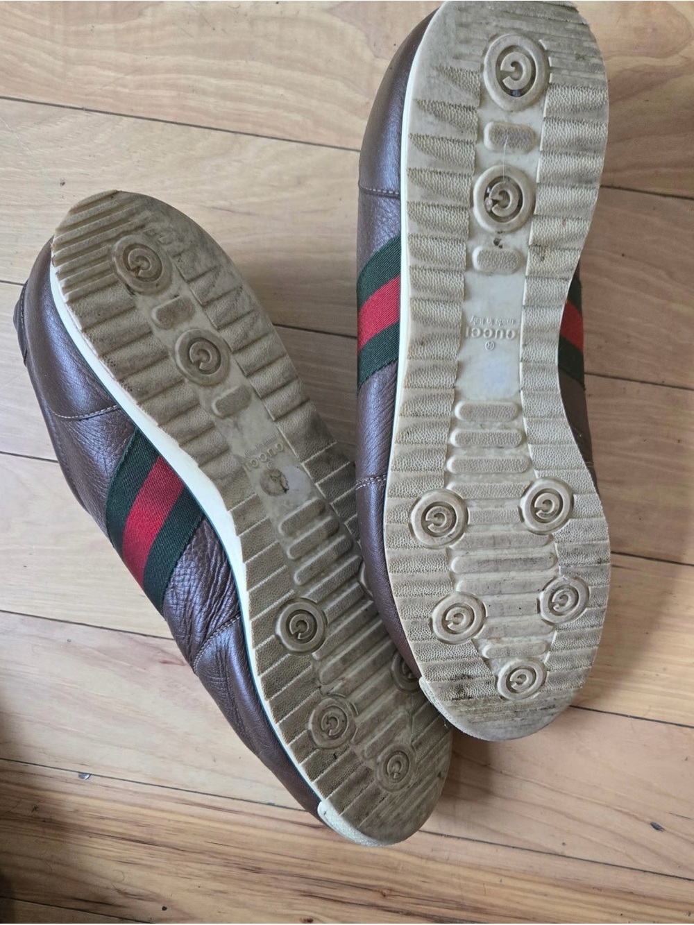Gucci Brown Leather Sneakers with Green & Red Stripe - Picture 3 of 3